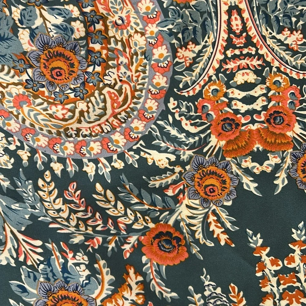 Umgee Boho Green Orange Floral Print Blouse Top V-Neck Long Sleeves Ruffle Small - Picture 8 of 11